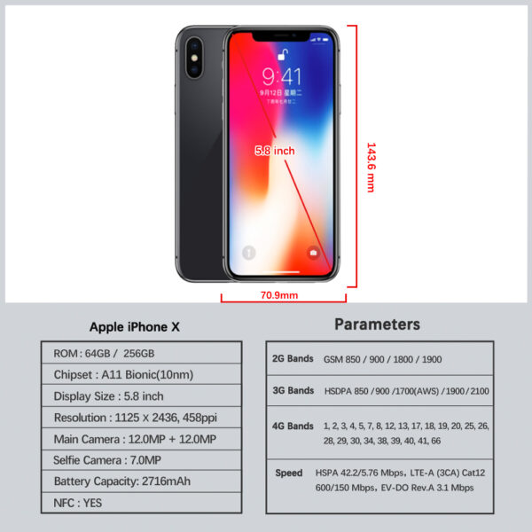 Original Unlocked Apple iPhone X Face ID 64GB/256GB ROM 5.8" 3GB RAM 12MP Hexa Core iOS A11 Dual Back Camera 4G LTE Mobile phone - Image 2