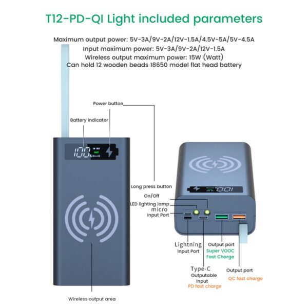 12X18650 Charging Battery Case Welding Free Battery Storage Box DIY Power Bank Case PD- with Light Box - Image 2