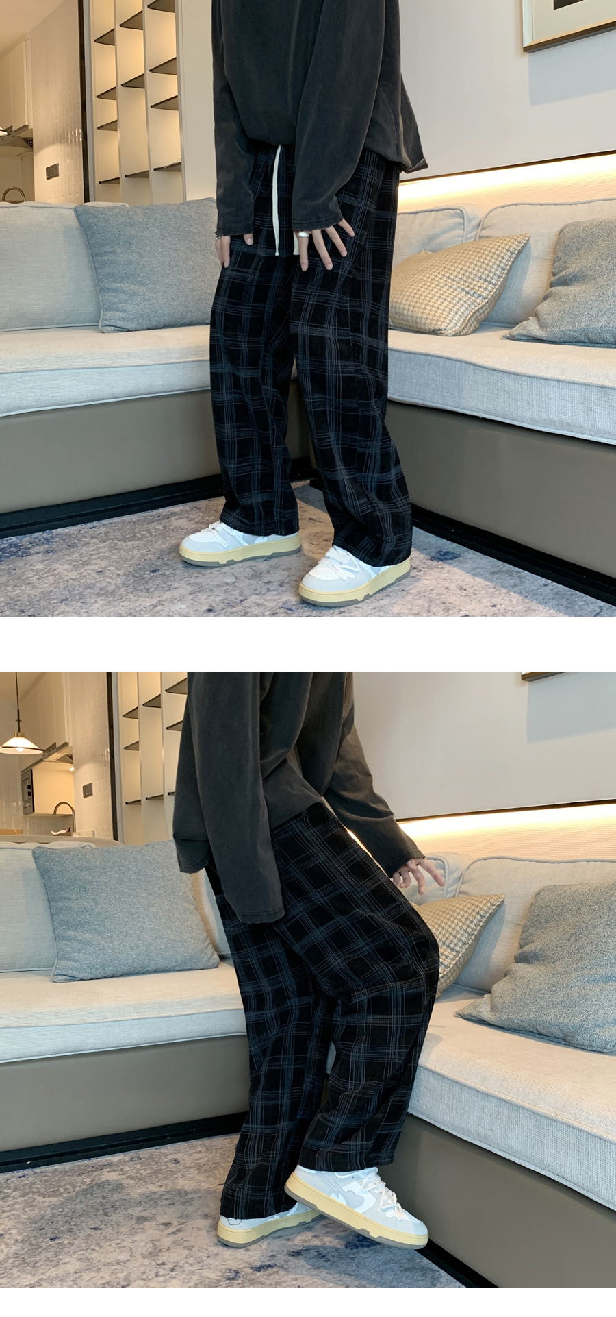 Men Checkered Casual Pants Loose Straight Corduroy Pants Sweatpants Man Fashion Streetwear 2023 Spring New Hip Hop Trousers