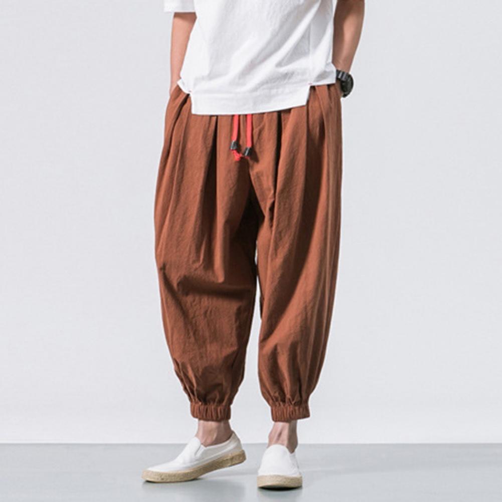 Men Summer Trousers Ankle-banded Drawstring Pants Ankle Length Men Harem Pants