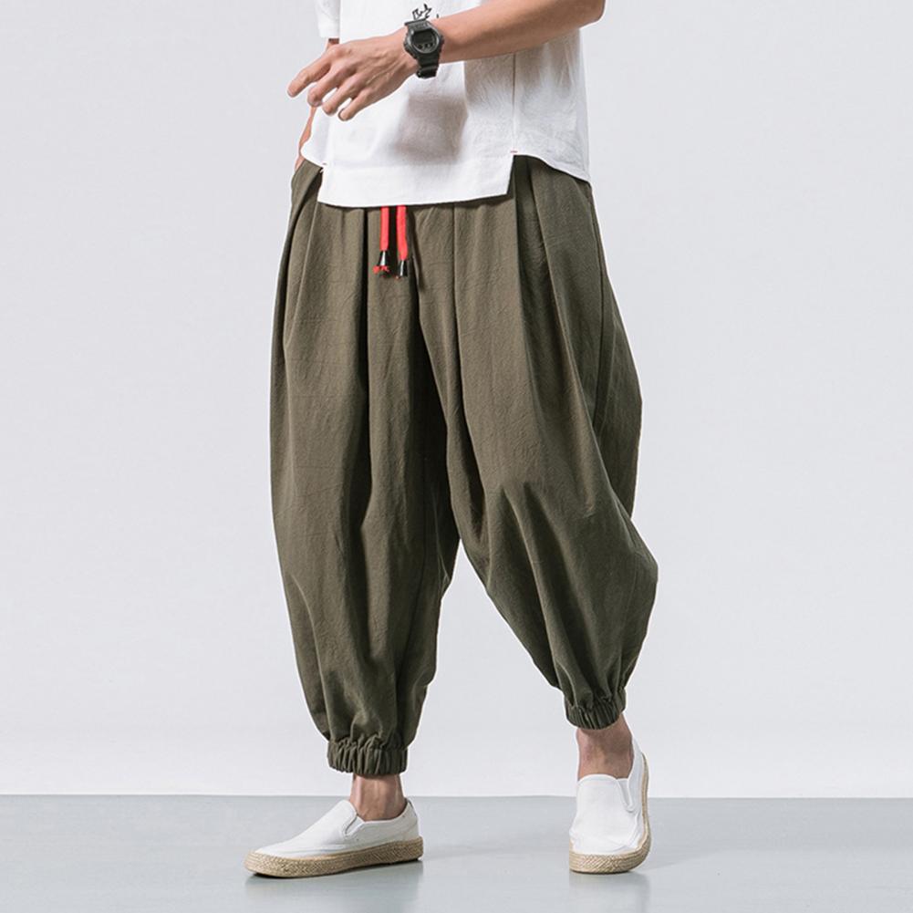 Men Summer Trousers Ankle-banded Drawstring Pants Ankle Length Men Harem Pants