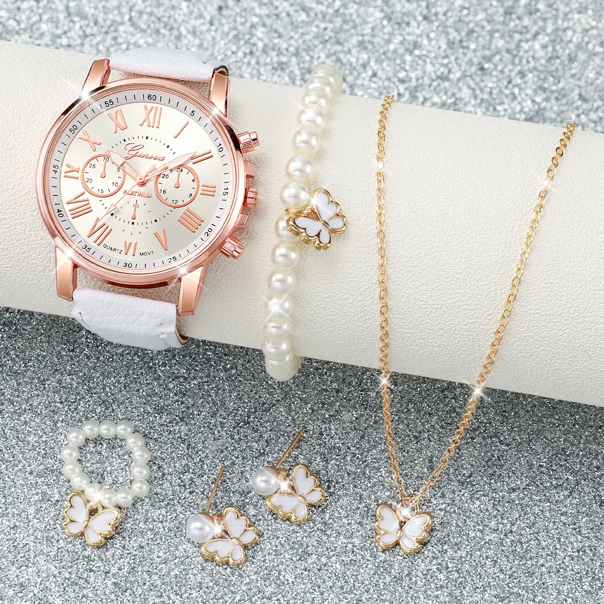 6PCS/Set Fashion Roma Dial Women Watches Casual Leather Band Quartz Watch Relogio Feminino Jewelry Set（Without Box）