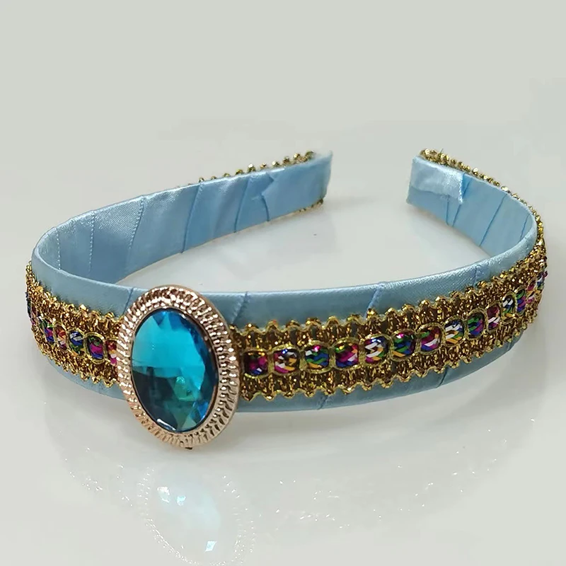 Girls Jasmine Blue Headbands Large Crystal Children Headwear Arabian Princess Hair Bands For Cosplay Party Hair Accessories