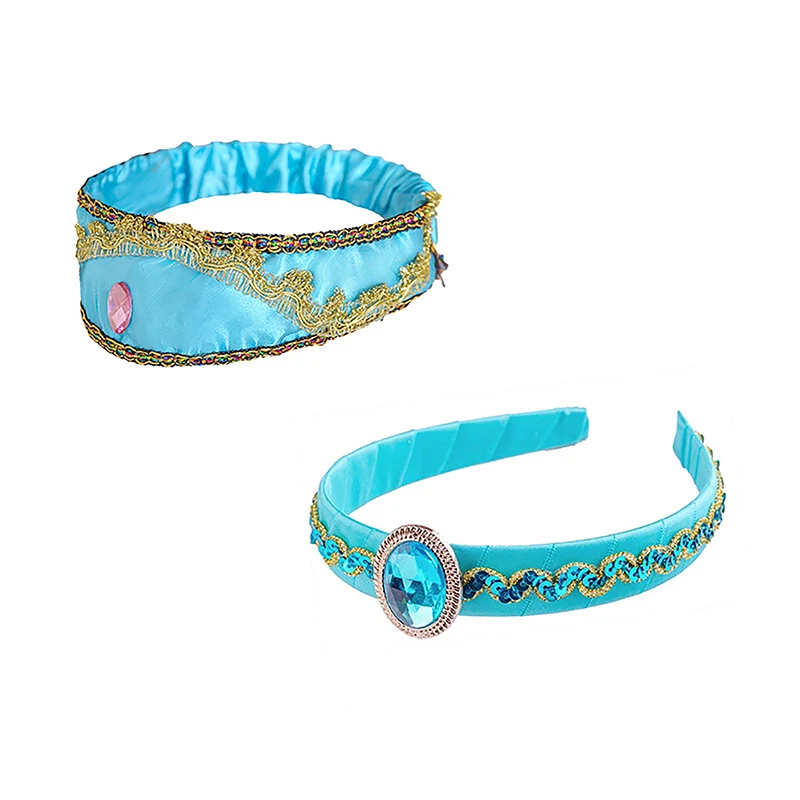 Girls Jasmine Blue Headbands Large Crystal Children Headwear Arabian Princess Hair Bands For Cosplay Party Hair Accessories