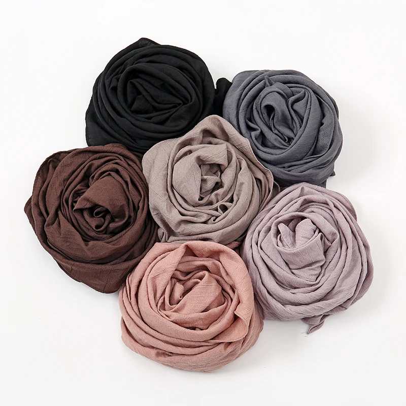 90*90cm Crinkle Square Scarf Women Solid Color Wrinkle Hijab Shawl Thin Soft Cotton Hair Wraps Headscarf
