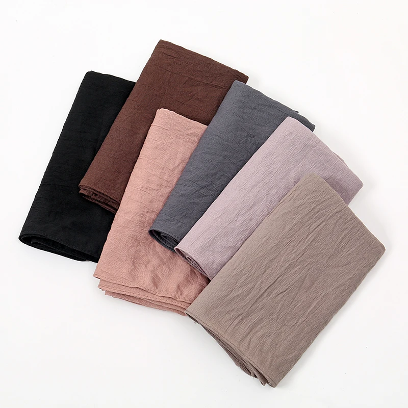 90*90cm Crinkle Square Scarf Women Solid Color Wrinkle Hijab Shawl Thin Soft Cotton Hair Wraps Headscarf