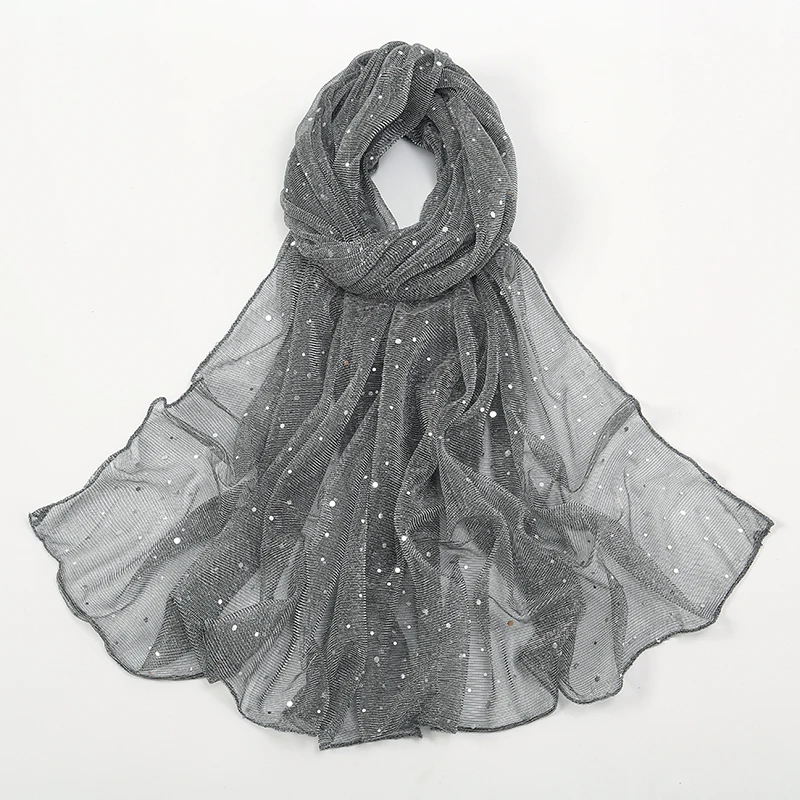 Glitter Sequins Scarf For Women Muslim Shimmer Hijab Crinkle Shiny Shawl Islamic Headscarf Thin Transparent Woman Party Stoles