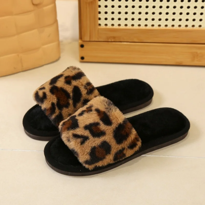 Autumn Winter Leopard Print Slippers Women's Fashion Plush Fur Slides Home Flip Flops Indoor Warm EVA Anti Slip Living Room Shoe - Image 5