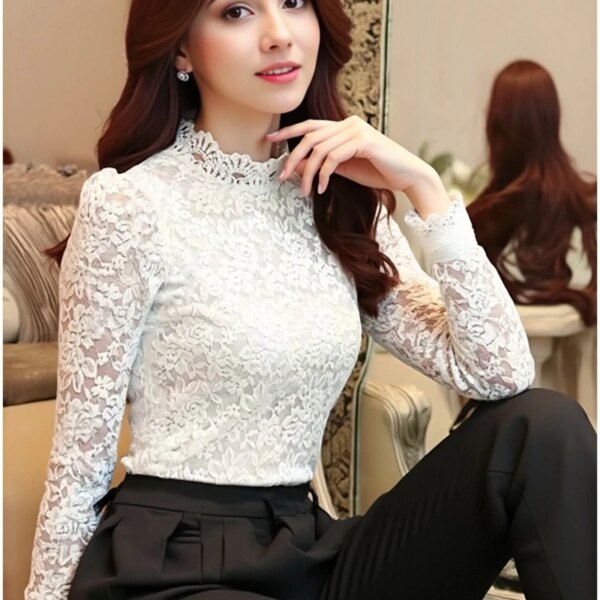 Elegant White Lace Blouse Shirt Casual Tops Fashion Women Blouses Autumn Long Sleeve Women Shirts Office Lady Blouse 1695 50