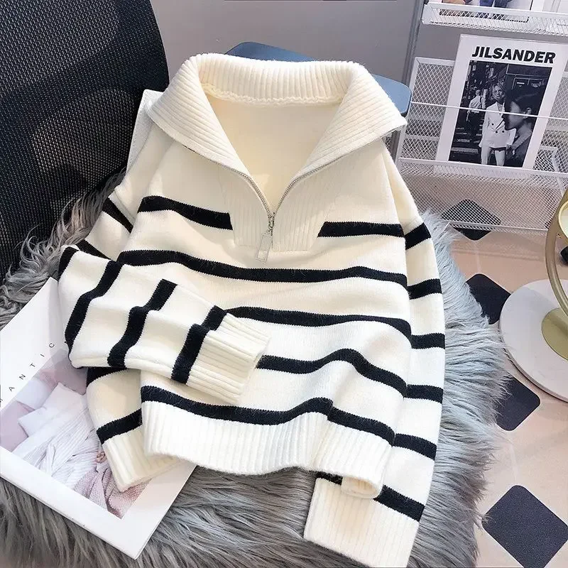 Sweater pullover women Spring and Autumn underwear 2024 New zipper stripe underlay short style popular premium sweater female - Image 2