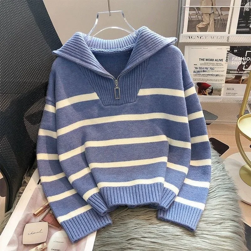 Sweater pullover women Spring and Autumn underwear 2024 New zipper stripe underlay short style popular premium sweater female - Image 4