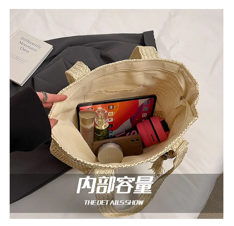 Travel large capacity grass woven bag for women 2025 new high-end handmade woven shoulder bag, beach vacation tote bag