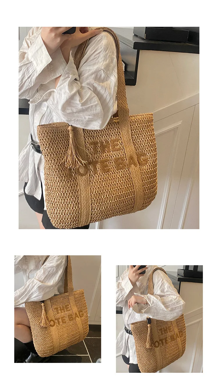 Travel large capacity grass woven bag for women 2025 new high-end handmade woven shoulder bag, beach vacation tote bag