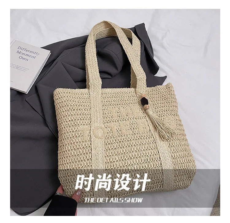 Travel large capacity grass woven bag for women 2025 new high-end handmade woven shoulder bag, beach vacation tote bag