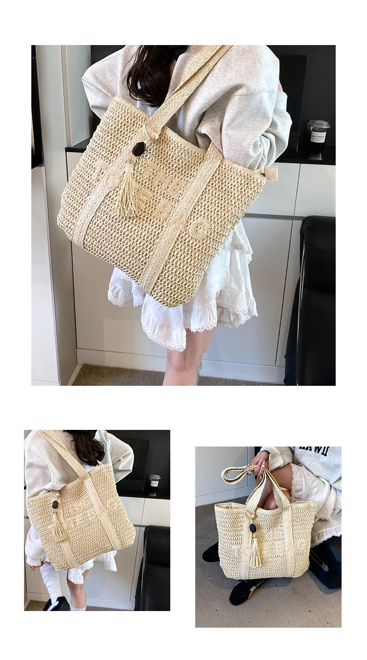 Travel large capacity grass woven bag for women 2025 new high-end handmade woven shoulder bag, beach vacation tote bag