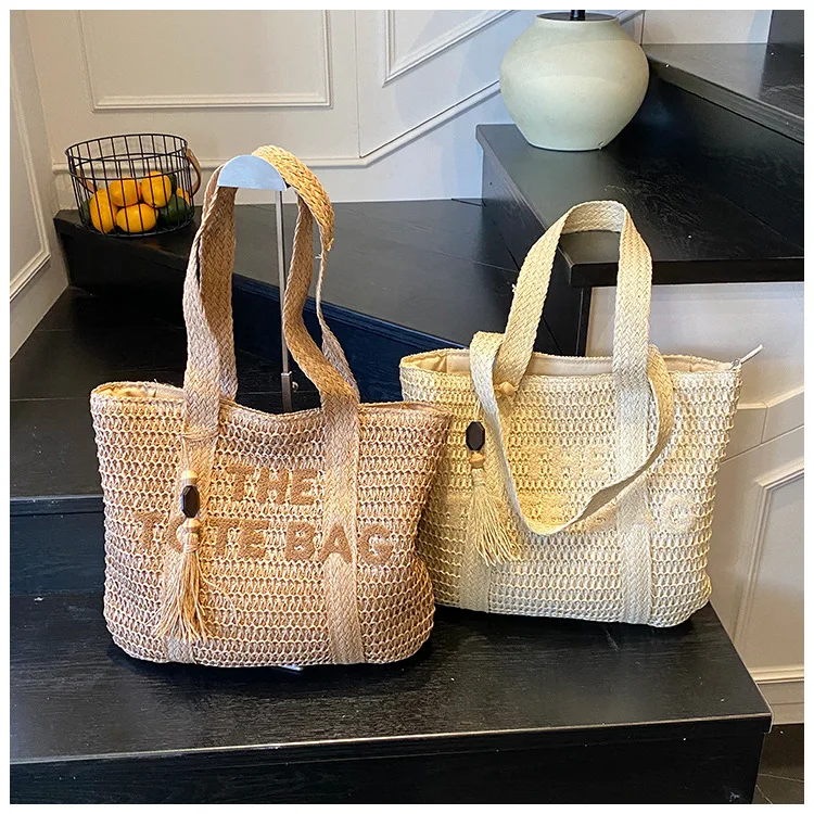 Travel large capacity grass woven bag for women 2025 new high-end handmade woven shoulder bag, beach vacation tote bag