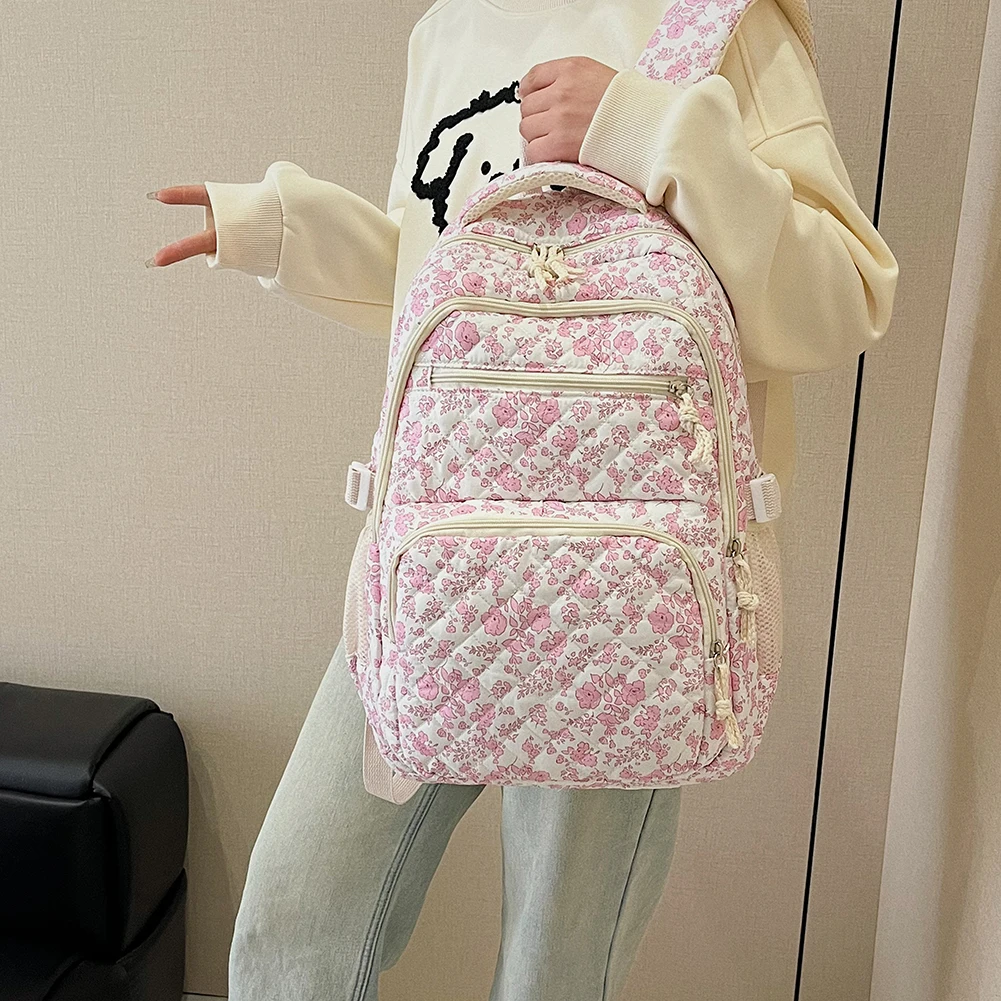 Korean Floral Student Schoolbag College Student Shoulder Bag for Teenage Girls Cute Bookbags Women Backpack Travel Cosmetic Bag