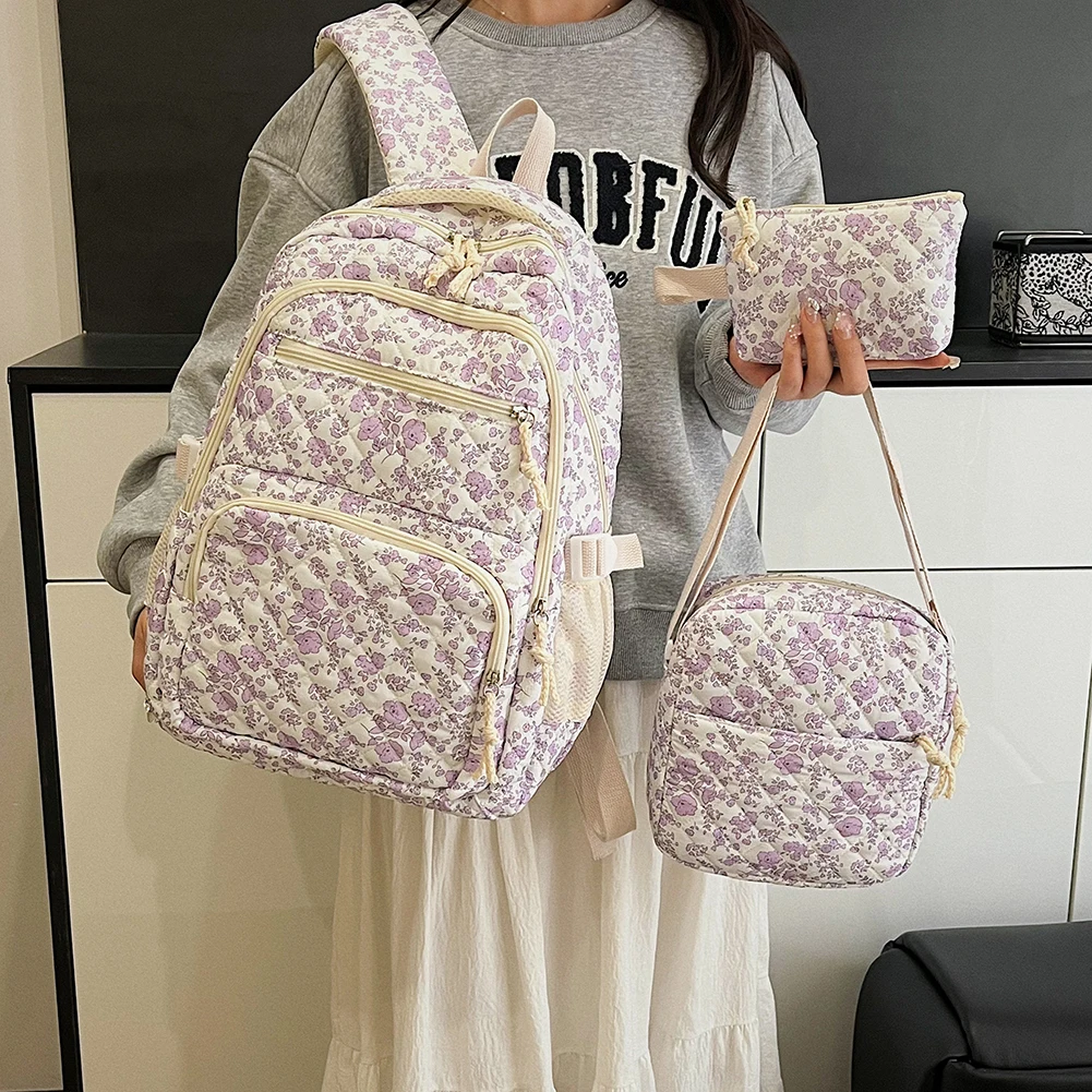 Korean Floral Student Schoolbag College Student Shoulder Bag for Teenage Girls Cute Bookbags Women Backpack Travel Cosmetic Bag