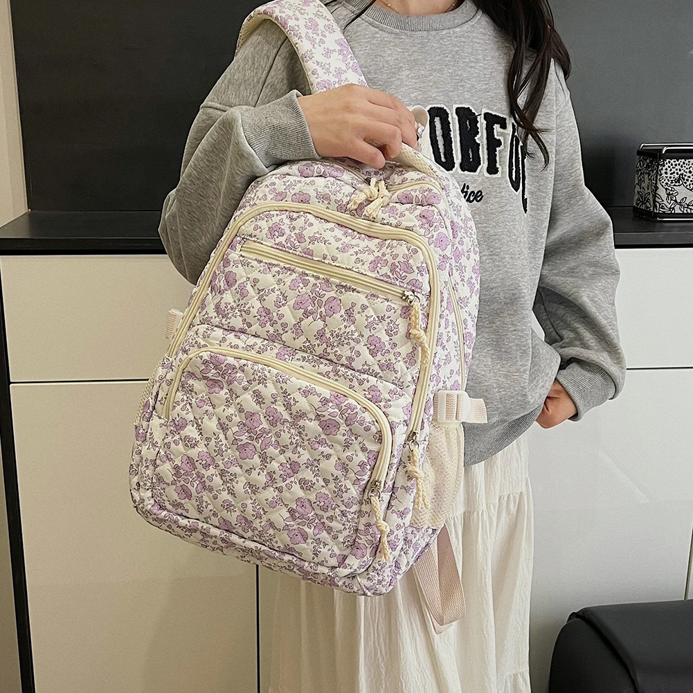 Korean Floral Student Schoolbag College Student Shoulder Bag for Teenage Girls Cute Bookbags Women Backpack Travel Cosmetic Bag