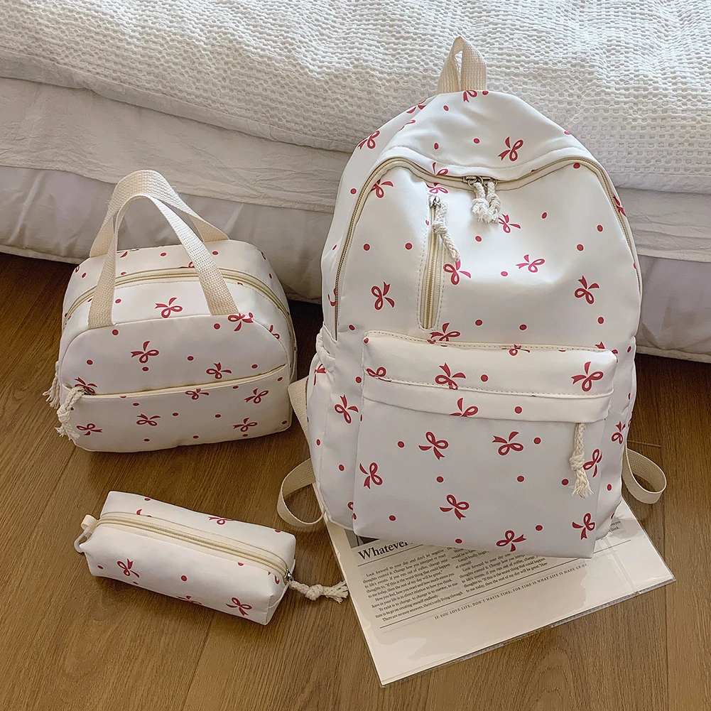 3Pcs/Set Bow Print School Bag with Handbag and Pencil Case Student Rucksack for Girl Women Travel