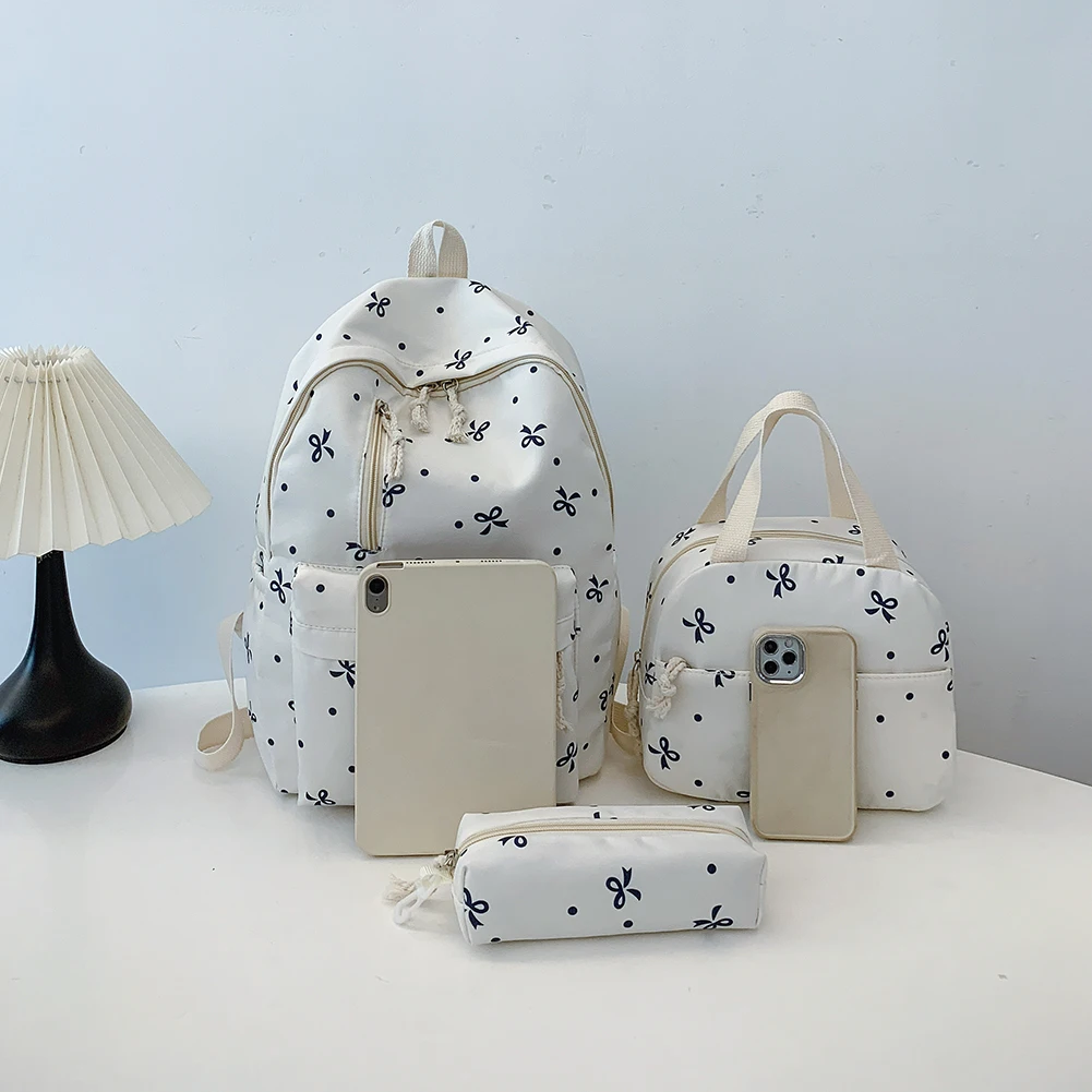 3Pcs/Set Bow Print School Bag with Handbag and Pencil Case Student Rucksack for Girl Women Travel