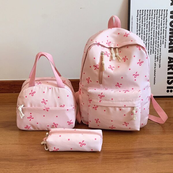 3Pcs/Set Bow Print School Bag with Handbag and Pencil Case Student Rucksack for Girl Women Travel