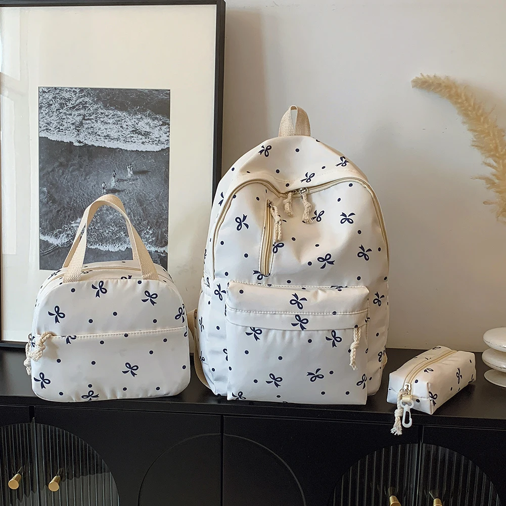 3Pcs/Set Bow Print School Bag with Handbag and Pencil Case Student Rucksack for Girl Women Travel