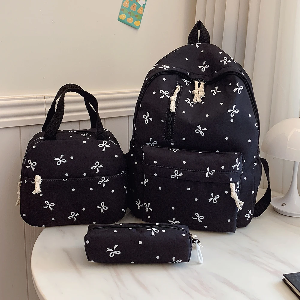 3Pcs/Set Bow Print School Bag with Handbag and Pencil Case Student Rucksack for Girl Women Travel