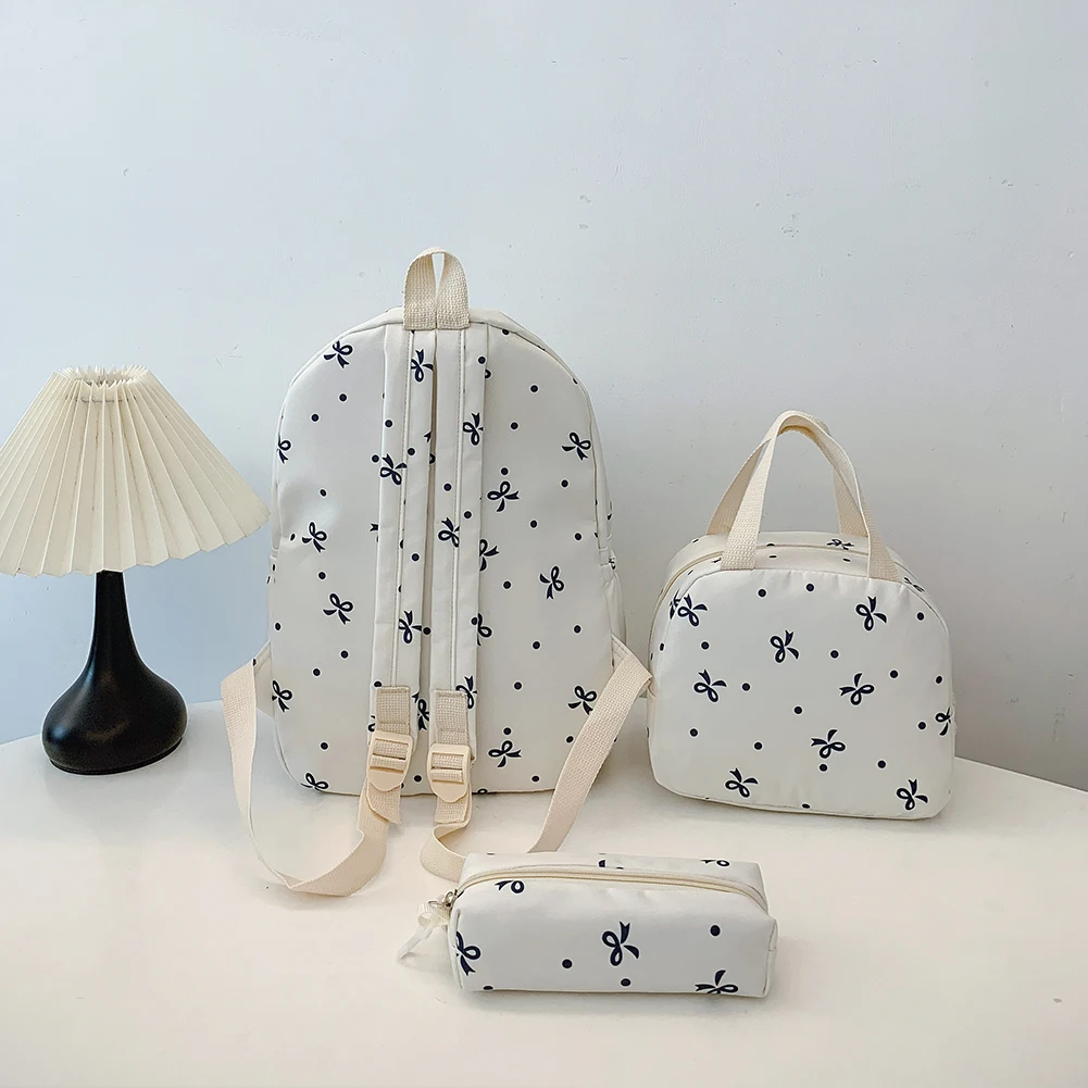3Pcs/Set Bow Print School Bag with Handbag and Pencil Case Student Rucksack for Girl Women Travel