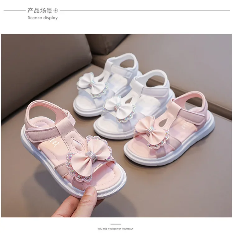 Kid Shoe Girl Soft Soles Casual Shoe Fashionable Princess Shoes New Water Diamond Beach Shoes Bow Shaped Girl Sandals Sandálias