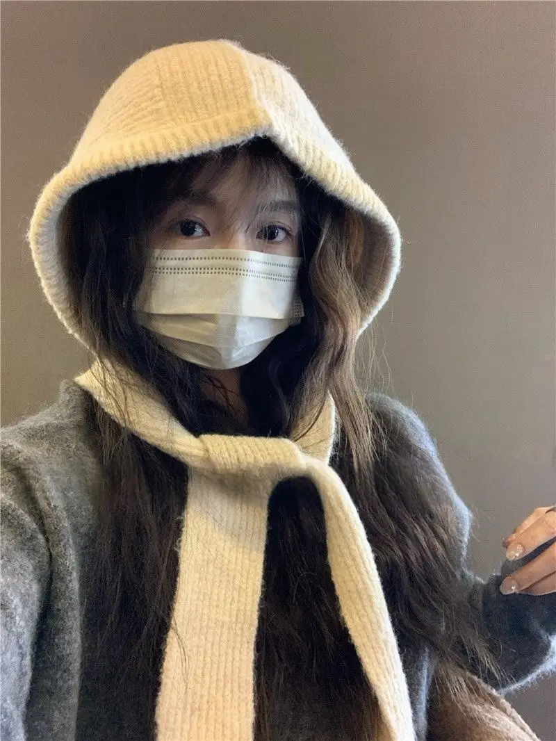 Korean Knitted Beanies Cap Autumn Winter Warm Lady Cute Pleasant Balaclava Cap Bonnet Fashionable Versatile Strap Hooded Hat