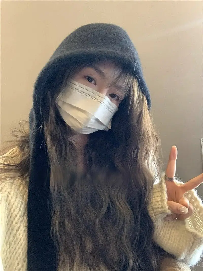 Korean Knitted Beanies Cap Autumn Winter Warm Lady Cute Pleasant Balaclava Cap Bonnet Fashionable Versatile Strap Hooded Hat