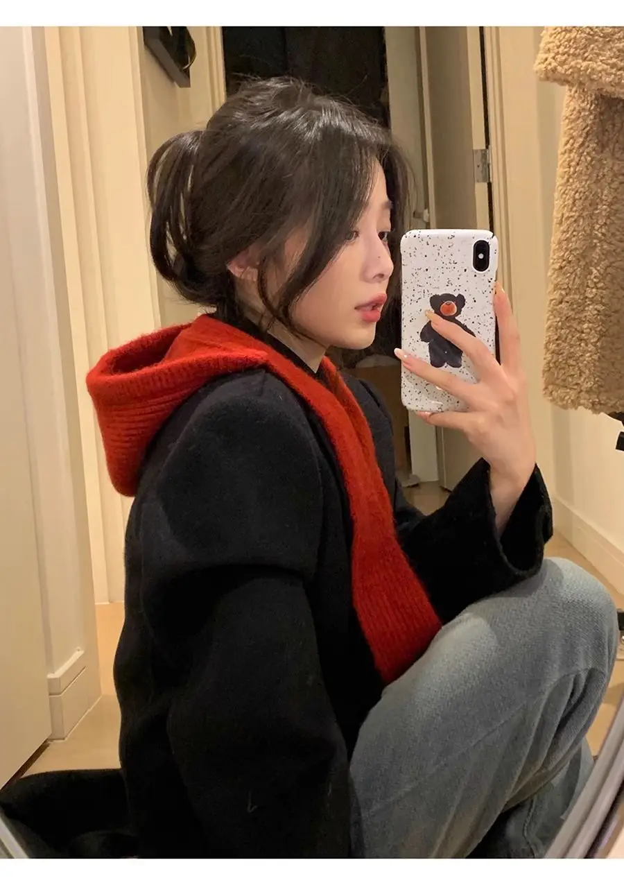 Korean Knitted Beanies Cap Autumn Winter Warm Lady Cute Pleasant Balaclava Cap Bonnet Fashionable Versatile Strap Hooded Hat