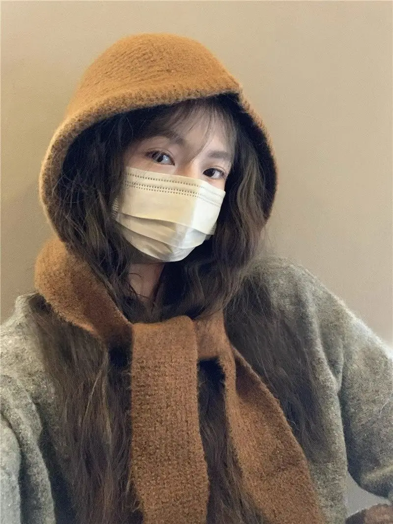 Korean Knitted Beanies Cap Autumn Winter Warm Lady Cute Pleasant Balaclava Cap Bonnet Fashionable Versatile Strap Hooded Hat