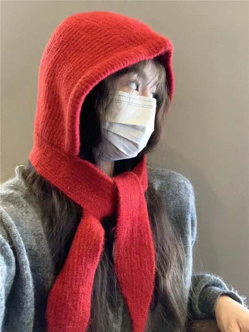 Korean Knitted Beanies Cap Autumn Winter Warm Lady Cute Pleasant Balaclava Cap Bonnet Fashionable Versatile Strap Hooded Hat