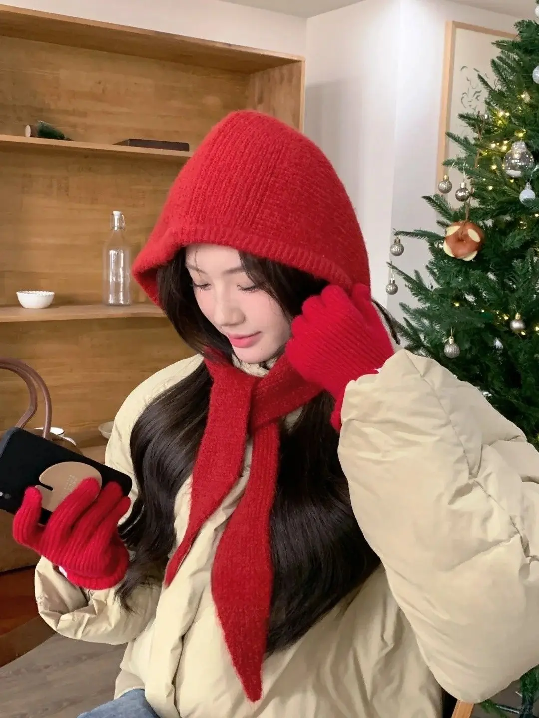 Korean Knitted Beanies Cap Autumn Winter Warm Lady Cute Pleasant Balaclava Cap Bonnet Fashionable Versatile Strap Hooded Hat