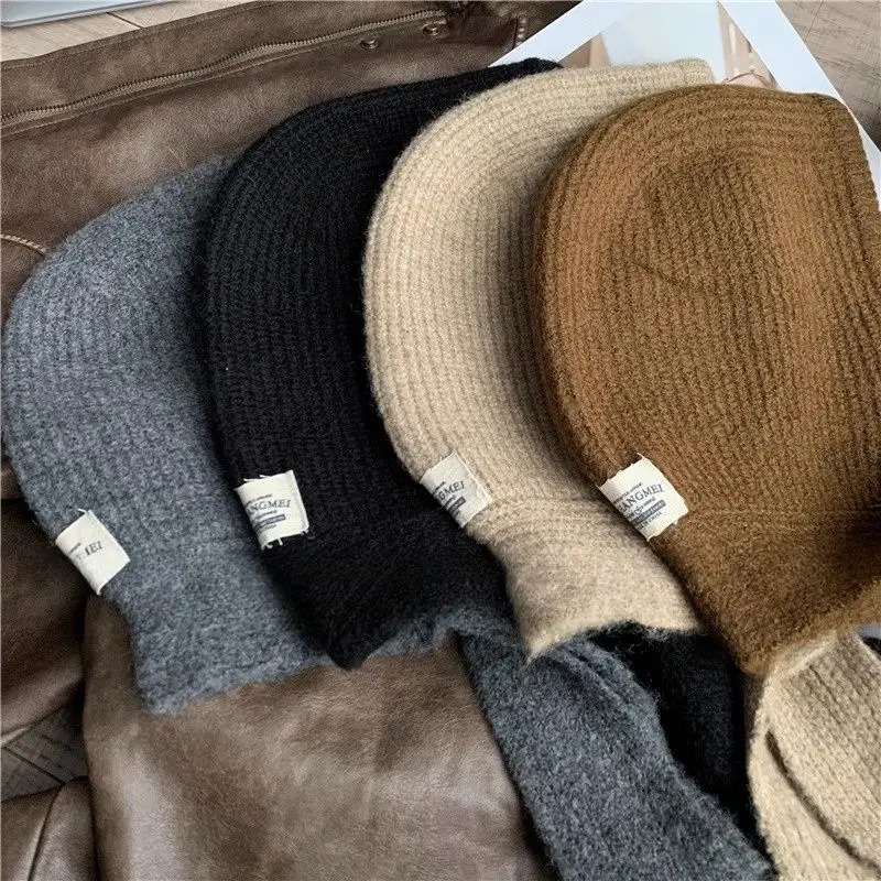 Korean Knitted Beanies Cap Autumn Winter Warm Lady Cute Pleasant Balaclava Cap Bonnet Fashionable Versatile Strap Hooded Hat