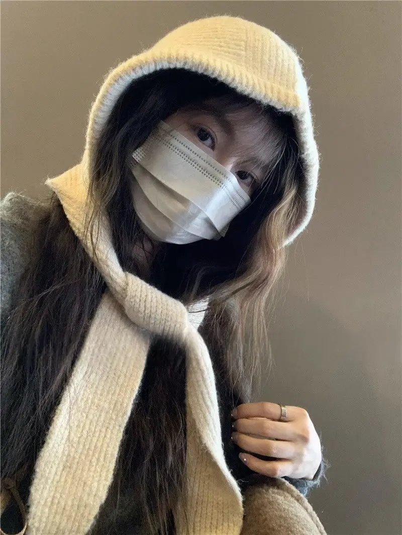 Korean Knitted Beanies Cap Autumn Winter Warm Lady Cute Pleasant Balaclava Cap Bonnet Fashionable Versatile Strap Hooded Hat