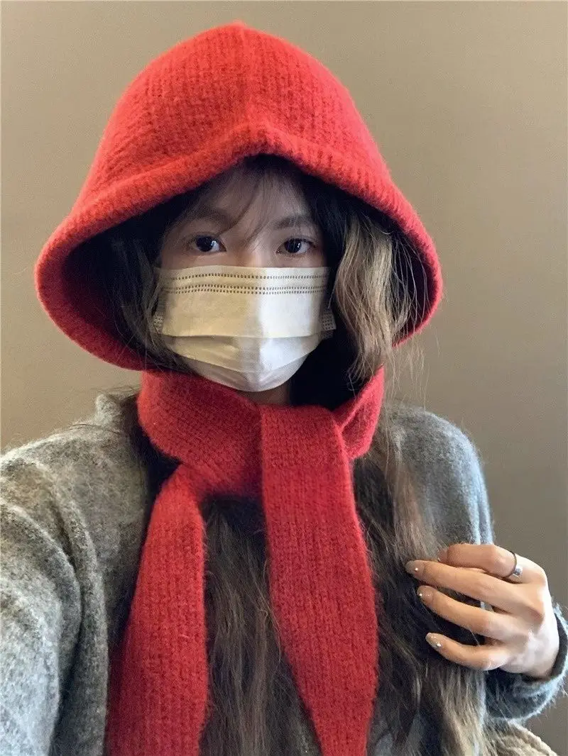 Korean Knitted Beanies Cap Autumn Winter Warm Lady Cute Pleasant Balaclava Cap Bonnet Fashionable Versatile Strap Hooded Hat