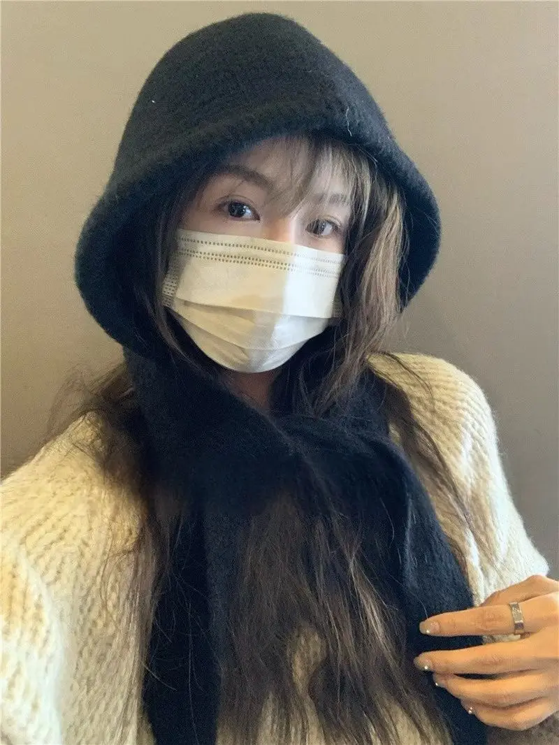 Korean Knitted Beanies Cap Autumn Winter Warm Lady Cute Pleasant Balaclava Cap Bonnet Fashionable Versatile Strap Hooded Hat