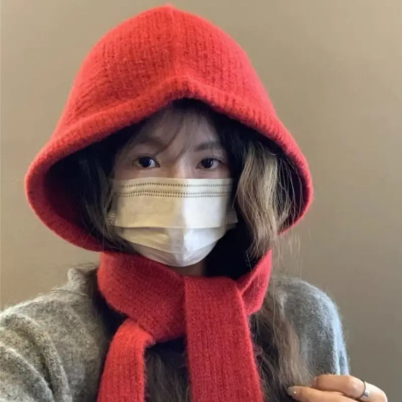 Korean Knitted Beanies Cap Autumn Winter Warm Lady Cute Pleasant Balaclava Cap Bonnet Fashionable Versatile Strap Hooded Hat