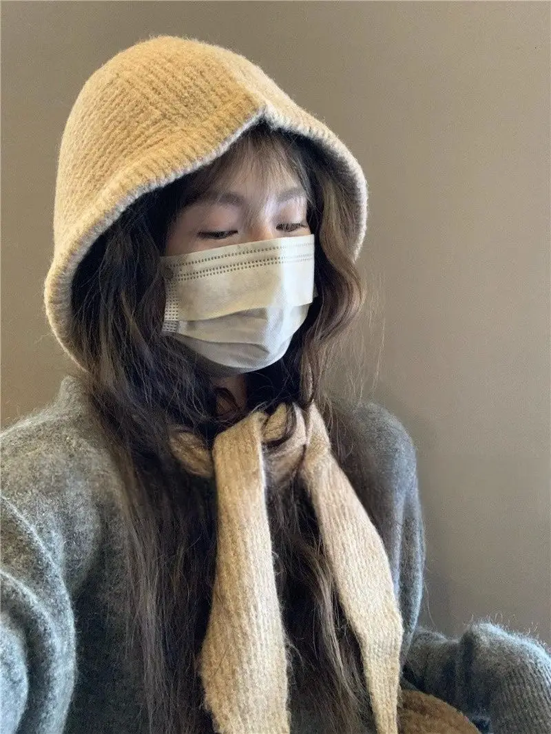 Korean Knitted Beanies Cap Autumn Winter Warm Lady Cute Pleasant Balaclava Cap Bonnet Fashionable Versatile Strap Hooded Hat