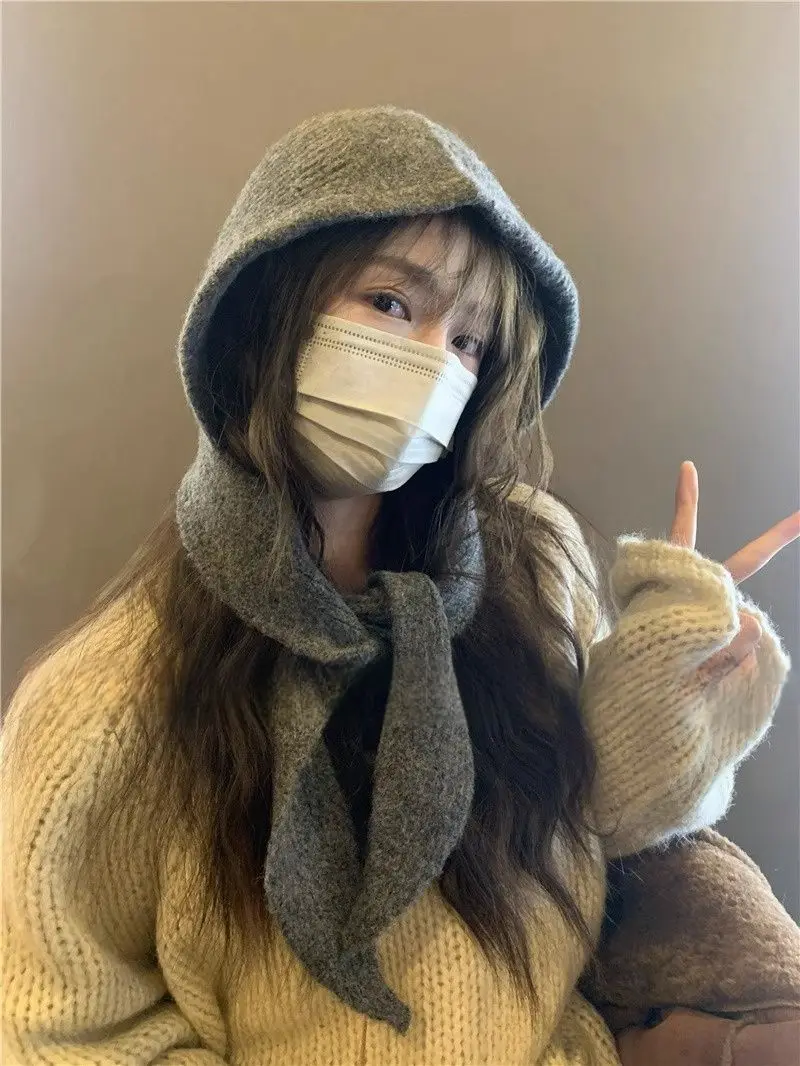 Korean Knitted Beanies Cap Autumn Winter Warm Lady Cute Pleasant Balaclava Cap Bonnet Fashionable Versatile Strap Hooded Hat