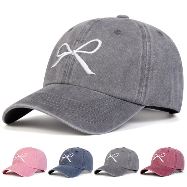 Unisex Bow Embroidery Wash Baseball Caps Spring and Autumn Outdoor Adjustable Casual Hats Sunscreen Hat