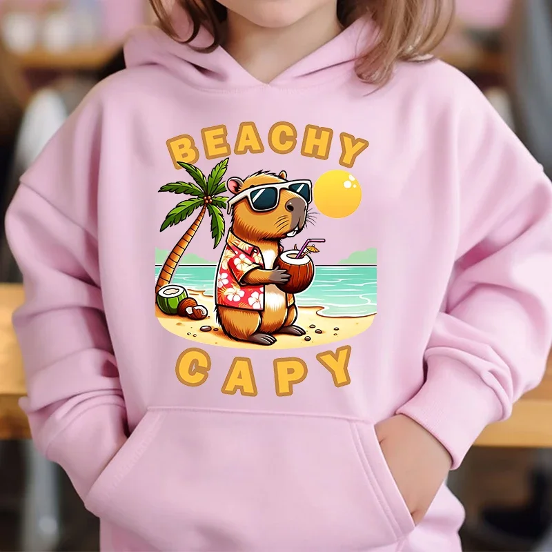 Cute Capybara Loves Bubble Tea kids hoodie pink plus velvet sweater autumn and winter tops for girls Boys Sweater Unisex Wear