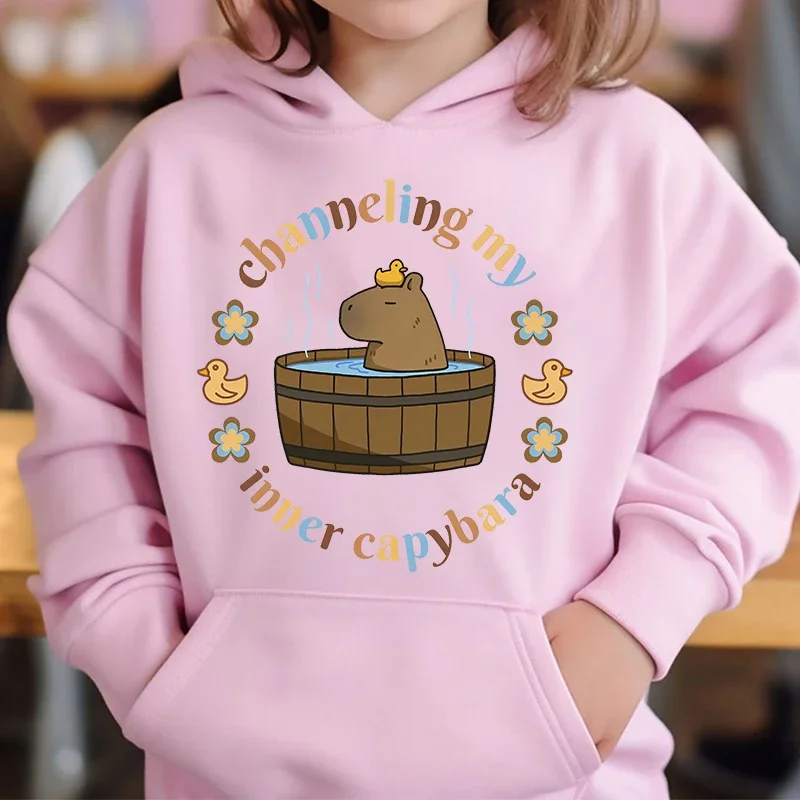 Cute Capybara Loves Bubble Tea kids hoodie pink plus velvet sweater autumn and winter tops for girls Boys Sweater Unisex Wear