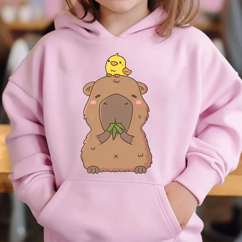Cute Capybara Loves Bubble Tea kids hoodie pink plus velvet sweater autumn and winter tops for girls Boys Sweater Unisex Wear