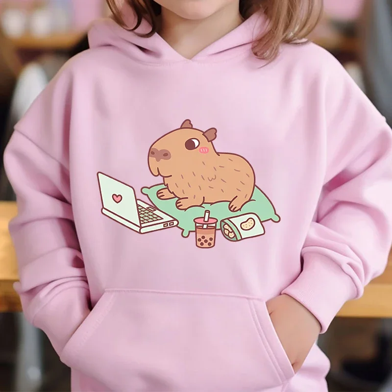 Cute Capybara Loves Bubble Tea kids hoodie pink plus velvet sweater autumn and winter tops for girls Boys Sweater Unisex Wear