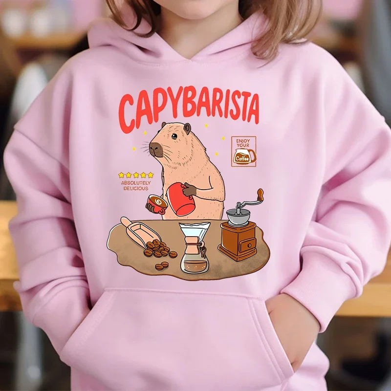 Cute Capybara Loves Bubble Tea kids hoodie pink plus velvet sweater autumn and winter tops for girls Boys Sweater Unisex Wear