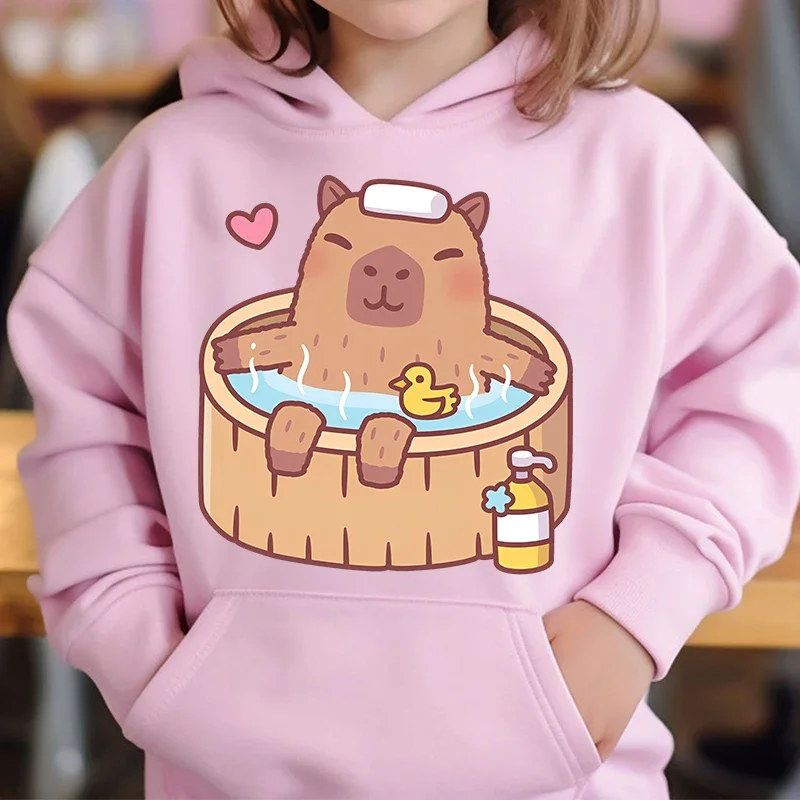 Cute Capybara Loves Bubble Tea kids hoodie pink plus velvet sweater autumn and winter tops for girls Boys Sweater Unisex Wear